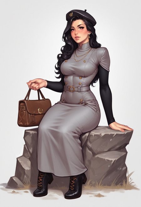 <lora:f4nto_v2:50>, f4nt,
retro artstyle,1980s \(style\), science fiction, realistic, solo focus, 
<lora:retro-comic-80:1>, 
1girl, solo, black hair, hat, long hair, grey dress, dress, black headwear, white background, sitting, leaning to the side, long sleeves, beret, arm support, looking to the side, simple background, realistic, jewelry, yokozuwari, brown eyes, earrings, blush, bag, (((full clothed))),
BREAK 
strange world background score_9, score_8_up, score_7_up, score_6_up, source_cartoon, rating_explicit, Expressiveh, (((((full body))))), dynamic pose