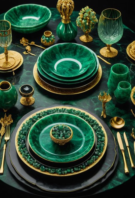 made from jade and obsidian, jade, obsidian,score_9, score_8_up, score_7_up, expensive looking,dining table, noble cutlery, gold, crystal