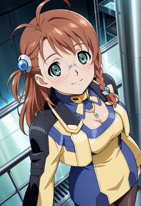 detailed eyes, beautiful, detailed background, perfect eyes,
source_anime, very aesthetic, anime coloring, masterpiece, official art,
<lora:HandFineTuning_XL:1>
BREAK,
factory, sci-fi, 
cowboy shot, from above, dynamic angle, 
light smile, blush, looking at viewer,
BREAK,
<lora:shion_illustrious_v03:0.8>
shion uzuki, brown hair, single braid, ahoge, long hair, glasses, round eyewear, parted bangs,  green eyes, 
cropped jacket, yellow dress, breast cutout,
pantyhose, yellow footwear,