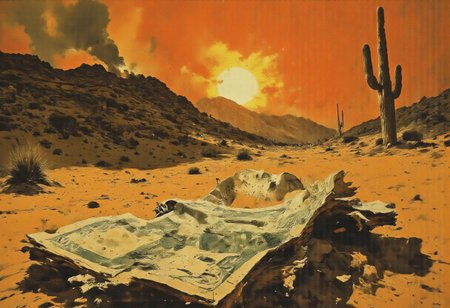 An intense beam of light, concentrated by a large, gleaming magnifying glass, piercing through the searing heat of the desert. Directly beneath the glass's focal point, a crisp six-hundred-dollar bill, its green ink vivid against the harsh, sandy backdrop, is slowly being consumed by a small, fiery sunspot. The edges of the bill curl and blacken as flames lick at the delicate paper, sending plumes of grey smoke into the cloudless sky. The desert landscape around it is a stark contrast of light and shadow, with the blazing sun casting deep, dramatic lines across the undulating sand dunes. A solitary cactus, a silent witness to this bizarre spectacle, stands tall in the background, its shadow stretched out like a dark sentinel. The heat waves rising from the burning money create a shimmering mirage, distorting the scene with an eerie beauty. The overall effect is one of wastefulness and the power of nature, a poignant commentary on the transience of wealth and the relentlessness of the sun's fiery reign.