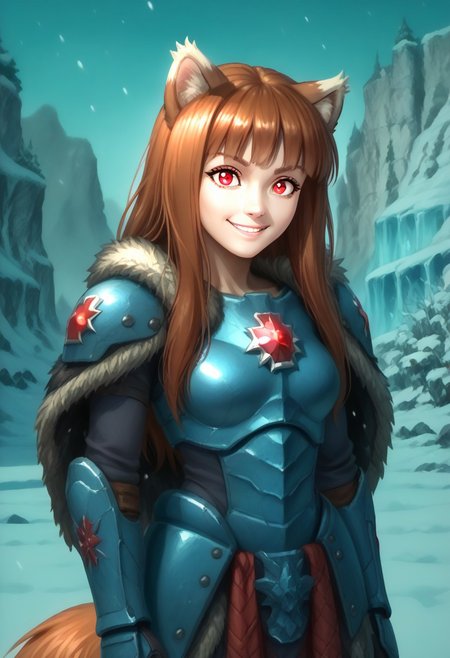 score_9, score_8_up, score_7_up, masterpiece, perfecteyes, holo, brown hair,long hair,red eyes, wolf girl,wolf ear,wolf tail, solo, , looking at the viewer, detailed background, wearing power armor, spcwlf, front view, proud smile, ice, snow, icy cavern, outdoors, fur cloak, holo in spcwlf armor, hands akimbo, she says "Afraid not citizen, holo protects"