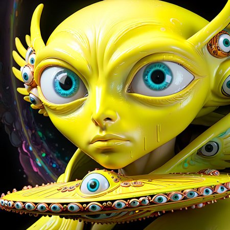 seraphins, mystical creature with hundreds of eyes and wings, roswell alien with yellow christmas hat, delivering presents with santa riding a ufo sleigh, intricate complexity, surreal horror, inverted neon yellow drip paint, photoreal