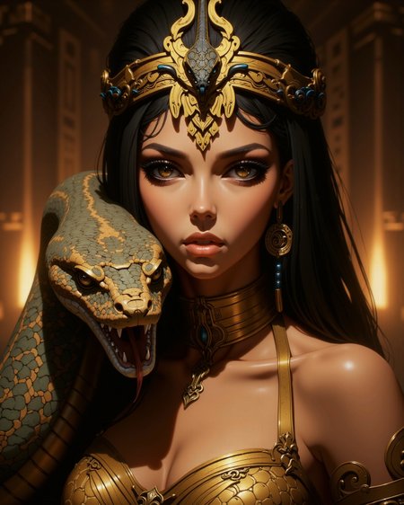 digital art, portraying a beautiful woman of legendary power and royal blood, inspired by the mystique of Cleopatra, radiating seduction and command. Her features are hypnotic—symmetrical and serene, yet laced with intensity. Her obsidian-lined eyes smolder with ancient authority, her lips slightly parted in a whisper of provocation or decree. She wears the golden nemes crown, its folds gleaming under ambient temple light, with the sacred uraeus cobra centered at her brow like a living symbol of divine right. Her skin, bronzed and smooth, is adorned with fine gold filigree and ceremonial cosmetics—both armor and seduction.
Coiled around her shoulders and arms is a massive python, its gleaming scales catching the firelight—tones of deep gold, earth green, and shadowed brown. The serpent’s head rests near her cheek, mouth slightly open, tongue flicking out, fangs visible. Its fierce eyes lock forward—predatory, divine—mirroring the queen's power. There is no fear between them, only shared sovereignty.
Focus on the regal intimacy between queen and beast—exotic beauty entwined with cold-blooded ferocity. The portrait should highlight rich golden textures, the interplay of smooth skin and serpent scale, and the unshakable gaze of both woman and creature. Her beauty is magnetic, dangerous, and timeless—crafted to enthrall kings and summon gods.