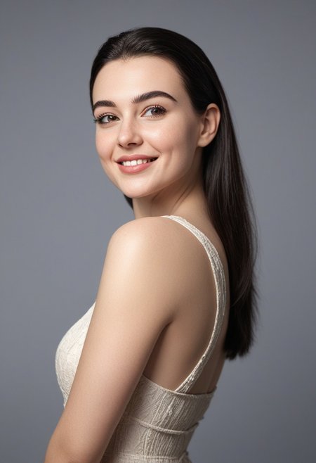 30yo american woman in a photostudio
Modeling High cut, high Quality Dress.
Slight makeup, heavy rimmel. Clear skin.  realistic skin style
Long dark black slick back hair. 
Shooting light, indors, cable light
Studio background.
Winking left eye. Smiling.
Bokeh. Heavy Bokeh light.