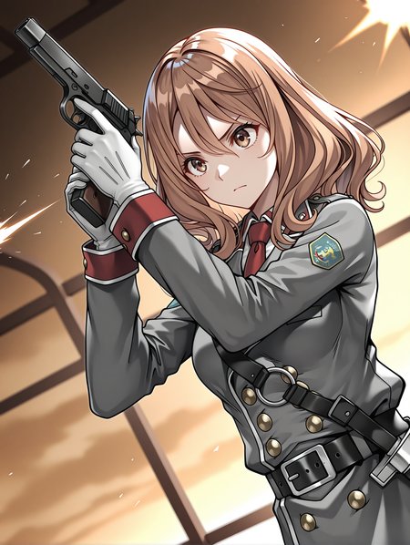 masterpiece,best quality,newest,
1girl,solo,
<lora:rail_clave_ilxl_v1.2:1>,rail_clave,brown hair,brown eyes,r_uniform,red necktie,ä¸ï·¿åå¸,military uniform,white gloves,belt,<lora:Fixhands_anime_bdsqlsz_V1:1>,(handgun:1.2),holding_gun,dynamic_angle,cinematic_angle,serious,fighting_stance,fighting,firing,running,upper_body,