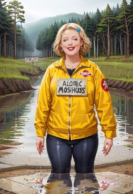lake sign with the text" Croeso y llyn gellynoth. Oes yn y cont" billboard waste and  <lora:text:0.8>, picturesque lake surrounded by a forest but is in a polluted dystopian landscape, in the foreground there is , human fecal matter on the floor in small piles, puddle of human fecal waste written in it, atomic mushroom cloud in background