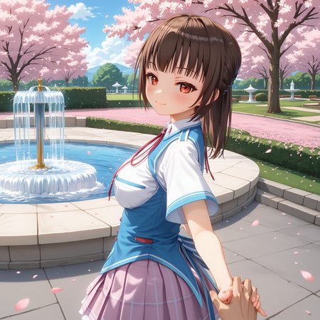 score_9, score_8_up, score_7_up, BREAK source_anime, (masterpiece), (best quality), 1girl, chihara_yukine, red colored eyes, blue colored schoolgirl outfit, light purple colored skirts, red colored eyes, brown colored hair, happy mood, cowboy shot, looking at viewer, smile, blush, closed mouth, half closed eyes, particles, (ultra detailed), colorful light, shine, lens flare, smile, holding hands, solo focus, pov hands, out of frame, at the park with fountain, pink cherry blossoms background, (from side:1),  <lora:chihara-local:0.9>