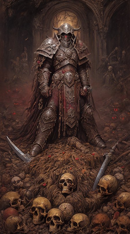 a male chaos warrior of khorne in armor is holding a great sword in a ruined post-apocalyptic city, sci-fi, fantasy, horror, skulls on the ground, blood, Storm, , (James Ensor,Unica Zurn,Zdzislaw Beksinki:1.25),  Skeletons,Weeping statues, Paranormal,Apparition, (Metallics:1.1), (Shape:1.1),  (Monotyping:1.1), (Strobe light:1.2), Stone, Rhombus, ultra detailed, intricate, oil on canvas, dry brush, (surrealism:1.1), (disturbing:1.1) <lora:khorne:0.7> <lora:methurlant:0.5>