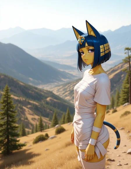 Semi-Realistic Style in a wide shot. Looking at viewer, outdoors in daylight, explicit
She is a 25 year old mature woman, and adult, Bored with half-lidded eyes, a slack expression, and a sigh of disinterest. 
<lora:Animal_Crossing_-_Ankah_V2_000030:1> she is an  egyptian woman with yellow skin, with cat ears. Blue hair in a bob cut with blunt bangs, she is a furry female with a cat tail. Wearing a
White shirt designed to resemble mummy bandages, wrapping around the torso for a classic Egyptian undead look.â
A woman pauses on a winding mountain trail, breathing deeply of the crisp, cool air while taking in the panoramic view of the sprawling valley below, the horizon stretching far into the distance.