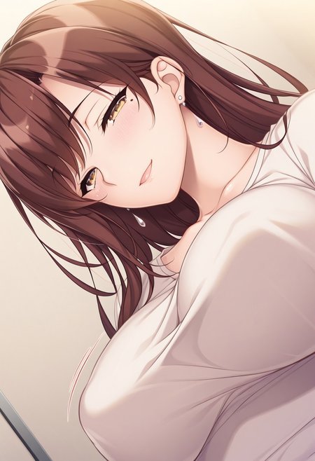 masterpiece, best quality, newest, highres, uncensored, 1girl, yokota mamoru style,1girl, slender face，motion lines,torogao,looking at the viewer,seductive smile,blush
Tachibana Iori,Brown Hair, Ponytail, Sidehair, Straight Hair, Waist Length Hair,Long Hair,Amber Eyes,Big Breasts, Mole, Slim
Slim solo, open eyes, earrings, jewelry, long hair, blush, close-up,, dutch angle, portrait,happy