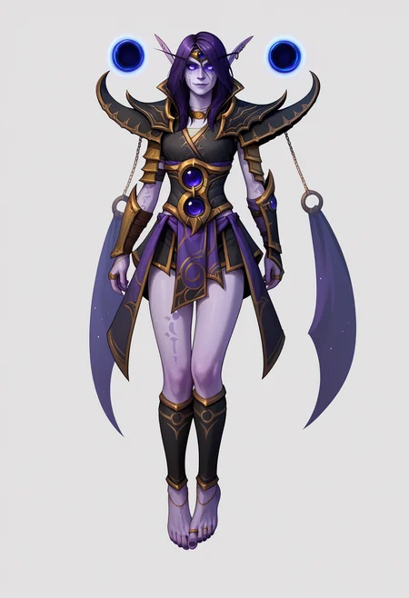 score_9, score_8_up, score_7_up, BREAK,
1girl, xalatah, purple hair, long hair, purple eyes, colored skin, purple skin, glowing eyes,
pointy ears, elf, earrings,
void sphere,
anklet, armor, bracelet, bracer, pauldrons,  shoulder armor, vambraces,
barefoot, toe ring, toenails, floating, 
evil smile, full body, looking at viewer, solo, simple background, white background   <lora:XalAtahXL_byKonan:1>