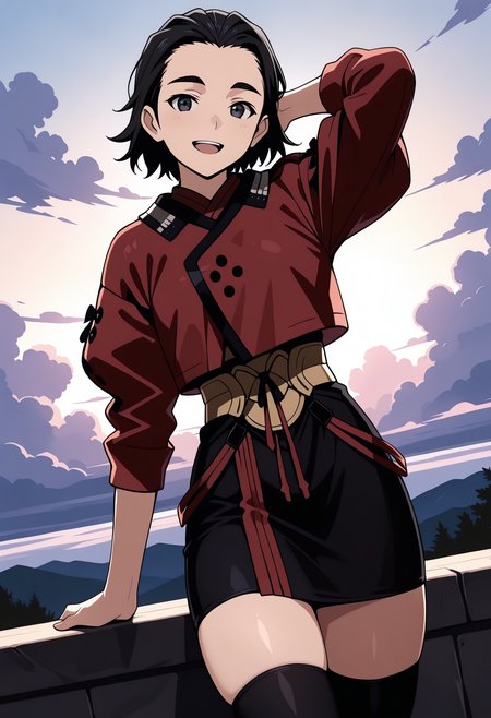 solo, red jacket, black skirt, zettai ryouiki, black thighhighs,
looking at viewer, cowboy shot, hand behind head, smile, open mouth, sky, cloud,
<lora:LastExileDunyaScheerIL:1>, dunyascheer, black eyes,
masterpiece,best quality,amazing quality,