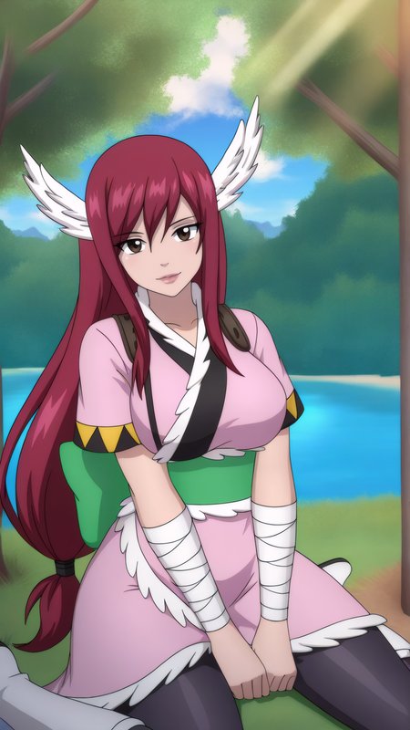 masterpiece, best quality, very aesthetic, absurdres, BREAK, 1girl, looking at viewer, cowboy shot, 
<lora:WindGod_Erza_Illu_Dwnsty:0.8>, erz_windgod, brown eyes, red hair, long hair, low-tied long hair, head wings, bandaged arm, knee boots, pantyhose, pink kimono, sash, pink dress, wings, green bow, white footwear,
large breasts, lips, light smile, head tilt, 
outdoors, blue sky, sunlight, lake, landscape, forest, wariza,