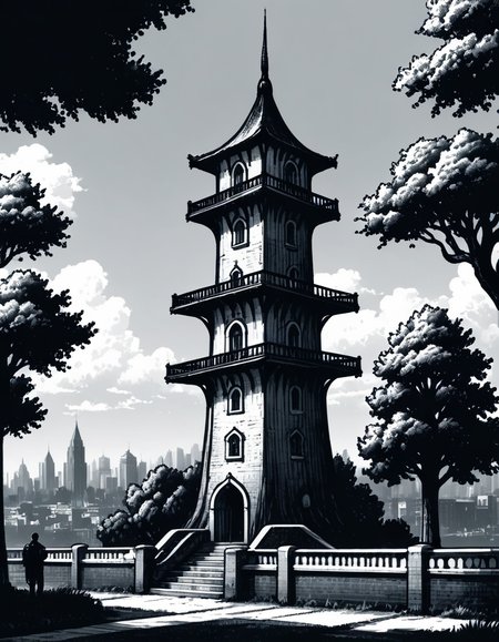 greyscale, monochrome, no humans, tree, scenery, traditional media, tower, building, outdoors, ral-fltpn <lora:ral-fltpn:1>