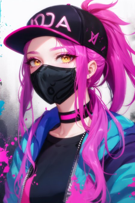1girl, akali, baseball cap, black choker, choker, hat, jacket, k/da \(league of legends\), long hair, looking at viewer, makeup, mask, mouth mask, paint splatter, pink hair, ponytail, portrait, purple hair, solo, yellow eyes