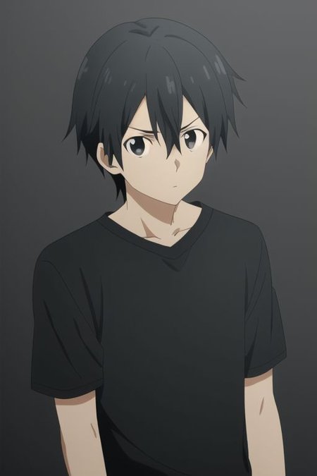 high resolution, professional photography, best quality, 1Boy, Kazuto Kirigaya, Black Hair, Black Eyes, dark t-shirt, looking at viewer, focused gaze forward, plain background, straight body, head upright,