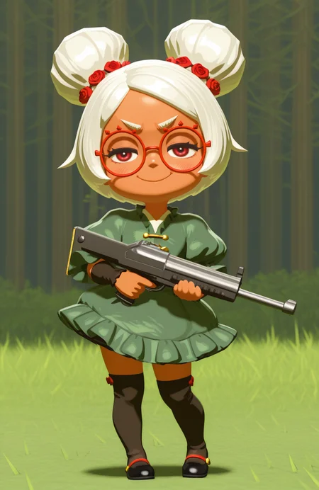 <lora:anatomy_helper:0.8> 1girl, solo, full body, nuclear powerplant, doyagao, proud, happy, smug, ^ ^,  v-shaped eyebrows, = =, closed eyes,, solo, standing, holding gun, cowboy shot,, 3d,
<lora:LilPurah-IL:0.8> prhmini, red eyes, red-framed eyewear, red-framed eyewear, dark-skinned female, white hair, double bun, chibi, enchanted forest dress, ruffled layers, puffed sleeves, overknee socks, rose accessory, extremely detailed, highres, masterpiece, best quality