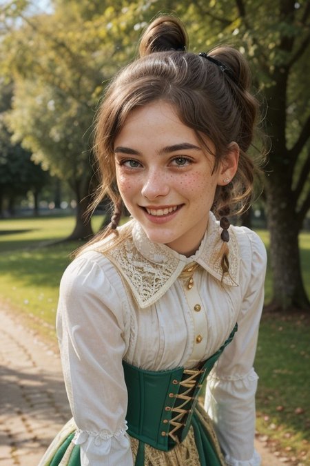 an extremely delicate and beautiful 18yo German girl, young,  black hair caught in a bun, golden hairnet with pearls, lightly disheveled hair, strolling through the Englischer Garten in Munich, perky breasts, seductive smile, looking sideways at viewer, happy, pigtails, freckles, (natural detailed skin texture:1.1), (moles, abs:0.7), playful, happy, head tilted sideways, perfect white teeth, (white teeth),soft, volumetric light, extremely detailed, intricate detailed victorian long blue and green dress, white lace blouse, with underbust corset laced with golden straps, deep cleavage, subsurface scattering, pokies, covered nipples, remarkable color, ultra realistic, textured skin, remarkable detailed pupils, realistic dull skin noise, visible skin detail, skin fuzz, dry skin, bokeh, sharp focus on subject, (extremely detailed face, beautiful eyes, detailed eyes, symmetric eyes, seductive eyes, slim face:1.3),