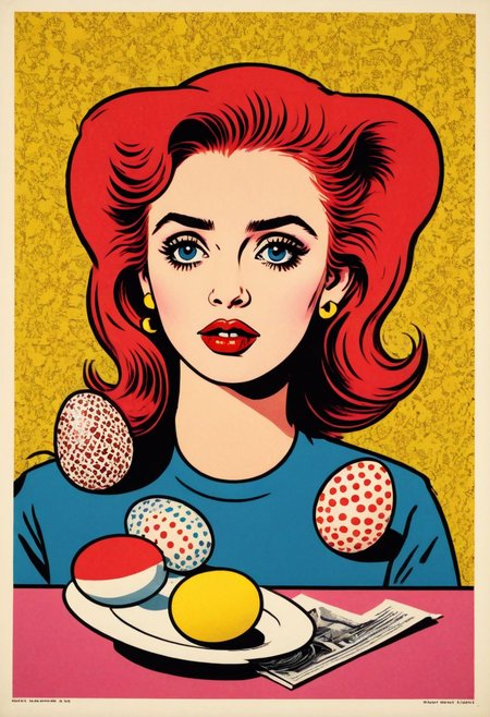 prtxztl,  1girl, pointy ears, solo, red hair, blue eyes, long hair, lipstick, easter eggs, russian decor, propaganda art, blink and you'll miss it historical detail , screen printing, halftone printing, contemporary art, modern art, graphic art, commercial art, bold colors, bold lines, comic book style, comic art, advertising art, kitsch, retro style, vibrant colors, flat color, newsprint texture, illustration, art by Andy Warhol and Roy Lichtenstein, retro art style, ligne claire, pop art, vintage advertising poster