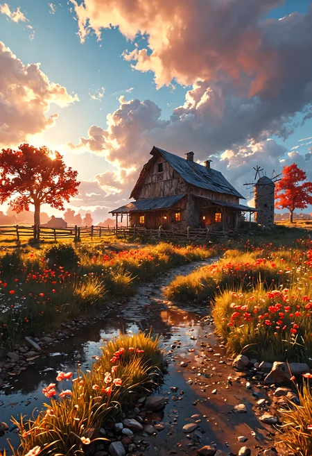 A farm in the Afternoon small cottage in the foreground, In the foreground is a large stone castle, view from the road, Fields on the sides of the farm, red fields in the background, red sky, fantasy, highly detailed, digital painting, artstation, concept art, smooth, sharp focus, illustration, wide angle, artbook, wallpaper, splash art, promo art, dramatic lighting, art by artgerm and greg rutkowski and bo chen and jin <lora:add-detail-xl:1>  <lora:MJ52:0.5>
