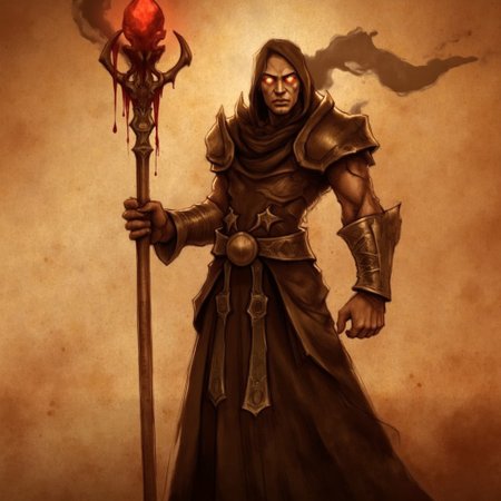 image in a sepia-toned, digital drawing with a dark, gritty, and dramatic D3CSPS-V1.0 style featuring A tall, imposing figure with skin that appears to be made of cracked, redstone-like material. Their eyes are glowing coals, burning with an inner fire. Their long, black cloak is embroidered with ancient blood symbols that pulse with dark energy. The Warlock’s hands are bound in iron cuffs, and from them drips a constant stream of blood that swirls around them like tendrils of smoke. They carry a staff crowned with a blood-red crystal, which glows with an eerie light. Their presence causes the air around them to feel thick, as if charged with unnatural power.