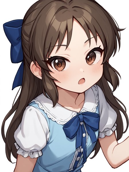 score_9,score_8_up,score_7_up, <lora:idolmaster_cinderella_all:1>ï¼1girl, absurdres, blue bow, blue shirt, brown eyes, brown hair, commentary request, hair bow, highres, leaning forward, long hair, looking at viewer, open mouth, short sleeves, simple background, sketch, solo, tachibana arisu,upper body, white background