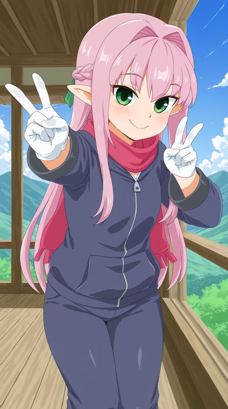 masterpiece, best quality, amazing quality, very aesthetic,  absurdres, best quality, 4k, upscale, indoors,   Sholico, yoMikami, outdoors, sky, landscape, (dynamic pose, foreshortening), 1girl, solo, pink hair, gloves, long hair, blush, green eyes, smile, pointy ears, scarf, white gloves, hair intakes, hoodie, pants, long sleeves, v,   <lora:youngMikami_ILv4:0.8>  <lora:Sholico_Magi_Fanta_G_Style-000010:1>