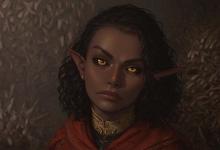 safe_pos, solo, short pointy ears, piercings, nord woman, random elf face, aquiline features, dark elf, weathered skin, large nose, animated realism, zoomed out, Syrian features, torso, subterranean, glowing mushrooms, mushroom forest, cave enviroment, large cavern, gloomy lighting, ancient ruins, interior, dark soil floor ,grey-blue skin, scarlet and gold clothes, medium armor, bone plate armor, ivory straps and fittings, grey wood neckguard, dark red sclera, black pupils, distant mushroom forest, blue-green light, neon, highly detailed, defined features, looking at viewer, three quarters view, from above, dynamic lighting, 36 years old, light and shadows, patterned cloth, determined expression, expressive eyes, detailed medieval clothes, medium_breasts, medium hair, wavy hair, thick hair, beaded hair, braided hair, under cut hair, semirealistic, alien elf, spanish features, jewish features, black hair, dark red hair, umber skin, sharp features, red persian print cloak, nighttime, high detail, absurdres, pretty eyes, detailed eyes, yellow eyes,
