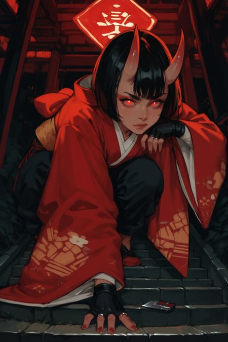 1girl, solo, horns, gloves, kunai, fingerless gloves, weapon, red eyes, black hair, oni, holding, black gloves, looking at viewer, stairs, wide sleeves, glowing, nail polish, japanese clothes, knife, holding weapon, long sleeves, short hair, all fours, closed mouth, fingernails, outdoors, glowing eyes, neon lights, hand on ground, holding knife, east asian architecture, squatting, jewelry, pants, kimono, jacket, skin-covered horns, eyeliner, partially fingerless gloves, ring, red nails, zPDXL3, detailxl,  Score_PnyReal, (lineless:1.5)