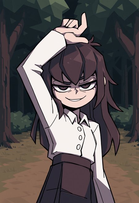 dybmw/hf, [(khyle.:0.1)::0.1],  masterpiece, best quality, absurdres, very aesthetic, highres, very awa, 
solo,  1girl, arm up, long hair, outdoors, looking at viewer, smirk, tree, low poly,
, <lora:NOOB_EPSv1_1_detailer_by_vlnvk_v0_5:1>
 ,<lora:åè¾å°ç±æå¦¹çç»é£0.1çæ¬XL:1>