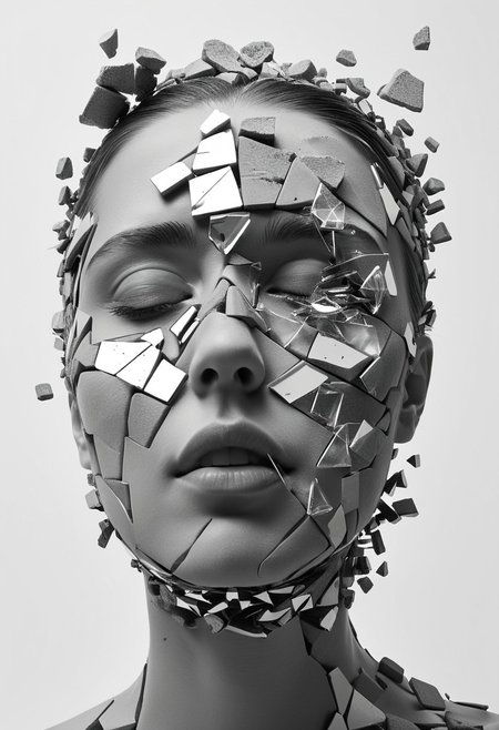 A 3D render of an abstract and surrealist portrait of a face in a state of disintegration or transformation. The face is composed of small, fragmented pieces, resembling shards of glass or broken stone, each piece holding a unique texture and shade. The pieces are dispersed throughout the image, with some clinging to the face and others floating in the surrounding space. The monochromatic color palette, predominantly in shades of gray, gives the image a somber and mysterious aura, reflecting the complex emotions and inner turmoil of the subject.