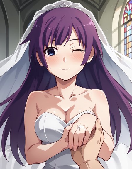score_9, score_8_up, score_7_up, source_anime, hitagisenjougahara, <lora:hitagi-senjougahara-anime-ponyxl-lora-nochekaiser:1>, senjougahara hitagi, bangs, long hair, blue eyes, purple hair, medium breasts,, <lora:wedding-ring-ponyxl-lora-nochekaiser:1>, wedding ring, marriage proposal, pov, pov hands, hand grab,, blush, wedding dress, white dress, veil, one eye closed, tears, church, smile, bare shoulders, collarbone, cleavage,, dutch angle, looking at viewer, cowboy shot,