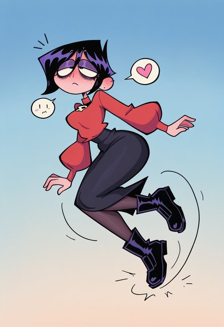 IllustriousQual, masterpiece, best quality, amazing quality, very aesthetic, absurdres, 1girl, solo,
solo, levitation, floating, motion blur , sky, in the air,, aroused, full-face blush, nosebleed,  spoken heart, expressionless,  o.o, flustered,  surprised, charmed,, low angle view,
<lora:ValbunStyle-IL:0.9> valbun, black hair, short hair, half-closed eyes, bags under eyes, red sweater, puffy long sleeves, black skirt, very long skirt, black pantyhose, black boots, purple eyeshadow, eyelashes, black lips, black eyes,