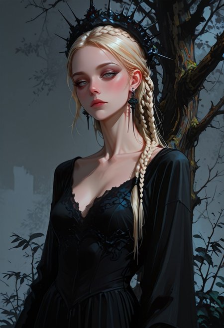 cowboy shot, dutch angle, depth of field, soft luminescent glow, 
 masterpiece, best quality, amazing quality, very aesthetic,  realistic, detailed texture, highly detailed,
chiaroscuro, vignetting, upper_body,
woman, regal, long_hair, pale_skin, blush, looking_at_viewer, blue_eyes, blonde_hair, complex braid, medium_breasts, jewelry, closed_mouth, collarbone,  earrings, white_hair, narrowed_eyes, grey_eyes, eyelashes, makeup, expressionless, black steel crown, forehead, black dress, layered, lace, fantastic, royalty, severe,
 tree, 
fantasy setting, simple_background,  grey_background, original, 
 STP-Illu