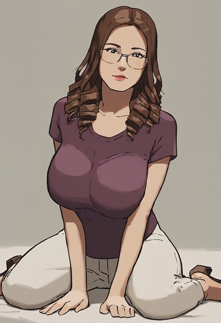 score_9, score_8_up, score_7_up, 1girl, large_breasts, mature_female, portrait, solo, looking_at_viewer, open_eyes, Kneeling and pretending to search for lost glasses, dutch_angle, (Magenta T-shirt), ringlets, wedge, Chestnut Brown hair, drydock, face, rating_safe, <lora:pony\artist_styles\izayoi_no_kiki_pony:1.0>