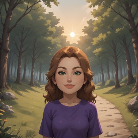 score_9, score_8, BREAK, solo, wii, mii, wii sports, 1girl, female mii, brown hair, green eyes, brown eyebrows, blush, lips, purple clothing, white pants, barefoot, breasts, nintendo mii, modern_mii, classic_mii, Jane_(Wii_Fit), sexy pose, self portrait, smile, outdoors, sunlight, shadows, evening lighting, natural lighting, forest, trees, grass, orange sky, sunset