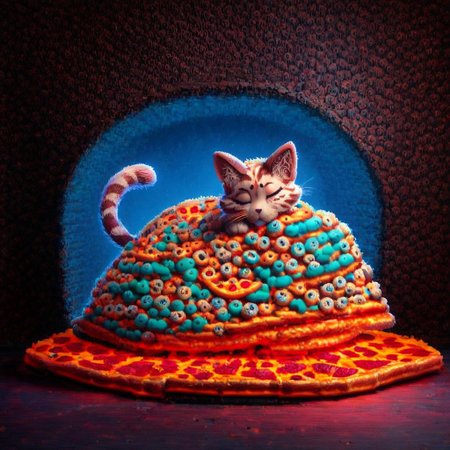 candy kitty, top down full body view, neon blue glow, ((cute adorable and fluffy cat sleeping ontop of a pizza what rests ontop of a pizza box)), futuristic robot cat, fluffy wild kitty cat, NightScapes, pizza, neko, cat, feline, cheese strings, juicy, perfectly baked pizza, juicy pepperony pizza, cozy atmosphere, creative light overlay, 4k, masterpiece, (masterpiece), best quality, (4K), (cinematic lighting), highly detailed, 8K, UHD, ultra detailed, immersive picture, vivid colors, volumetric light, cinematic light, extremely detailed CG, clutter, thrash, cluttered shed, boxes labeled 'stuff', tangled cables, tools, batteries, charger, 18650 randomness, various objects, wall painting, low key, spot lighting, BREAK glass jars, liquid,  glass, glass bottle, red liquid, backlit, sleeping neko cat,