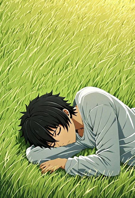 high resolution, solo, best quality, 1Boy, Seiya Kanie, black hair, short hair, thin, sleep, nap, grass, meadow hills, wind breeze, OverallDetail