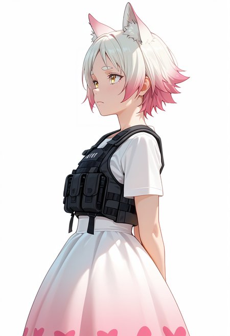 Smooth Quality,masterpiece,very intricate, high quality details, ultra realistic, high detailed skin,detailed enviorement,absurdres,
simple background, white background,solo,
standing, arms behind back, looking up, calm expression, relaxed posture,  ,from side,worried,frown, 
pinafore top,  ,tactical vest,  ,balloon skirt,  , 
 <lora:Momiji_cnn:0.8> momijicnn,1girl, wolf ears, yellow eyes, white hair, pink hair, short hair, gradient hair, thick eyebrows,