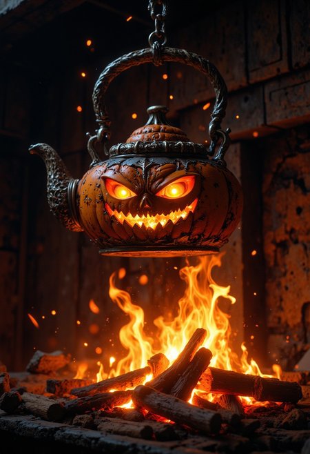 Hyper realistic portrait, photorealistic close-up photo. The image is a creepy, sinister, yet charming and cute fantasy digital illustration of a semi-realistic glowing demonic pumpkinhead teapot with sinister eyes hanging on a chain over a kitchen fire in a fireplace (photography, high resolution, dynamic, energetic, hyper realistic, dramatic lighting, shallow depth of field).