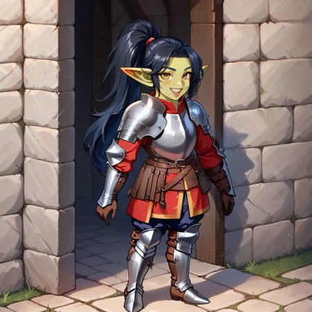 1girl, black hair, ponytail, sharp teeth, enormous lips, medieval armor, closeup, goblin woman, green skin, medieval clothes, large smile, (boisterous smile, mischievous smile), Expressiveh, yellow eyes, very muscular, pointed ears,  female goblin, Goblin, solo, long hair, gremlin energy, very short woman, mega ponytail, fully clothed, short stature, shortstack, ((armored boots, boots, shoulder armor, armor, pants, greaves, gloves, long sleeves)), broad shoulders, huge arms, Knight