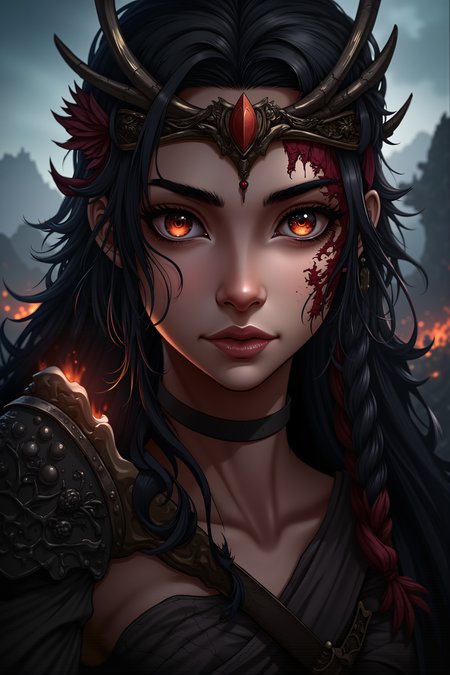 A close-up of a battle-worn, ancient warrior-queen, her face marked by a deep, jagged scar running from her temple to her jaw. She wears a crown made of twisted branches and bone, with crimson feathers intertwined. Her eyes reflect the dying embers of a distant bonfire, their depths filled with sorrow and an unyielding resolve. Intricately braided strands of hair fall across her cheek, mingling with remnants of blood and dirt. Behind her, the smoldering ruins of an ancient battlefield stretch out, half-hidden in a heavy, rolling fog. The warrior-queenâs lips are set in a grim line, her grip tightening on the hilt of a blood-stained ceremonial dagger.<lora:Videogame_Cartoon_Flux><lora:detailed_flux_ntc:2.2><lora:aidmaImageUpgrader-FLUX-V0.1:0.65>