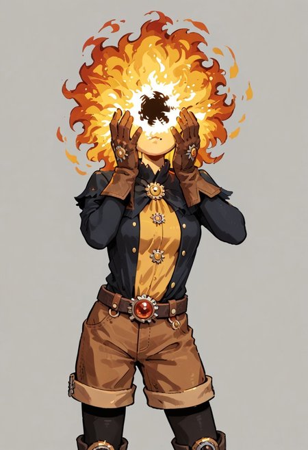 score_9, score_8_up, score_7_up, solo,
lord_of_frenzy, fire head,
novakin, faceless, no eyes, no mouth, no nose, no facial features, short fiery yellow orange hair, body made of black plasma,
open hands, hands on face front,
hands on own head, 
magical girl outfit, (steampunk dress:1.1), boots, (brown shorts:1.1), black tights, medium breasts, belt, gloves, 
(headache:1.1), (mad:1.1), (lean back:1.1), (dynamic pose:1.2), head up, head tilt, 
simple background, grey background,
in yoshidanatsumi artstyle