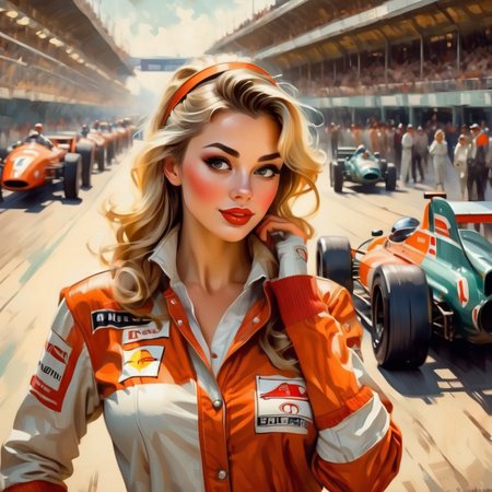 vintagemuse  close up girl in a sports driver's costume in the background of a race track and formula 1 cars, very detailed <lora:vintagemuse:1>