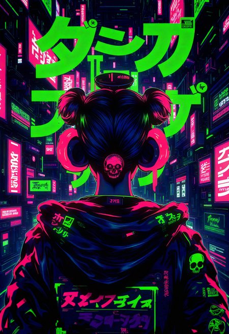 bo-cpposter,  cyberpunk aesthetic featuring a female character with vibrant neon hair styled in two buns, wearing a futuristic, oversized jacket adorned with glowing symbols and skull graphics. The background is a high-tech cityscape bathed in neon green and purple hues, reflecting a gritty urban atmosphere. The setting includes digital screens and graffiti, with patterns and text in an abstract, glitch-inspired style. Elements such as dripping neon lights and holographic interfaces enhance the futuristic vibe, creating a hyperrealistic impression. , <lora:Flux\boFLUX Cyberpunk Poster.safetensors:1.4000000000000001:1.4000000000000001>