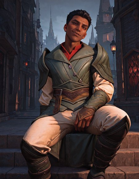 cinematic_depth, 8k, soft_lighting, warm_glow, ultra_high_quality, masterpiece, best quality, newest, perfect quality, best quality, detailed background, intricate details, male focus, realistic, <lora:Dragon Age Veilguard - Elek Tavor - Illustrious-000005:0.8>, e_tavor, 1boy, dark skin, black hair, short hair, brown eyes, outdoors, city, leather armor, leather bracers, red undershirt, white sleeves, white pants, leather belt, leather boots, looking at viewer, head tilt, smirk