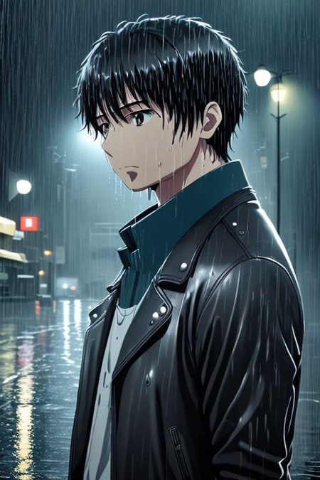 high resolution, solo, best quality, 1Boy, Portrait, Inaho Kaizuka, Black Hair, heavy rain, downtown, night, looking down, sad, leather jacket, looking away, wet, wet hair,