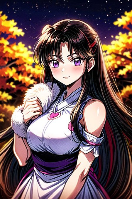 masterpiece,  best quality 1girl Setsun4 solo long hair,  (night time) forest background black hair very long hair purple eyes multicolored hair armor (fur trim) (medium body),<lora:EMS-179-EMS:0.800000>,<lora:EMS-293862-EMS:0.800000> bow, hair_bow, hair_tubes, red_bow, brown_hair, long_hair, bangs, ascot, frilled_bow, yellow_ascot, blush, smile, hair_between_eyes, athletic, armor, miko, ,(((intricate outfit,intricate clothes,embroidered outfit,ornate outfit,embroidered clothes,ornate clothes))), sitting