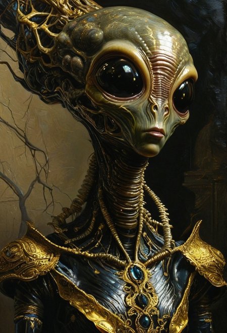 Rembrandt realistic oil painting, retro artstyle, score_9, score_8_up, score_9_up, very detailed, ultra realistic, (best quality) very detailed masterpiece, portrait of an futuristic alien, tree-like alien creature in medieval environment, iridescent skin, proboscis, brown olive black velvet, very dark background, baroque style, gold, marble, very dramatic lighting, much shadow, rembrandt style, vermeer style, low saturation, realistic realistic, realism, photo realistic oil painting, photo realistic painting