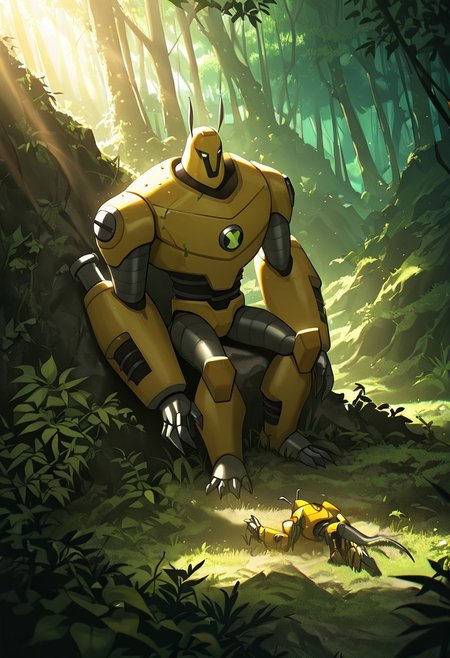 masterpiece, best quality, amazing quality, very aesthetic, absurdres, newest,, detailed background, 
armadrillo, robot, claws, yellow armor, grey tail, antennae, no eyes,  massive arms, yellow helmet, mecha, short legs,
in forest, leaning, sitting, dead, soulless, motionless, ragdoll, overgrown robot, rusty robot, rusted metal, vegetation, jungle, sun rays, on ground, from above, no eyes, no pupils, no sclera, black sclera, loose arms, leaning against rock, overgrown city, jungles, forests, vegetation,